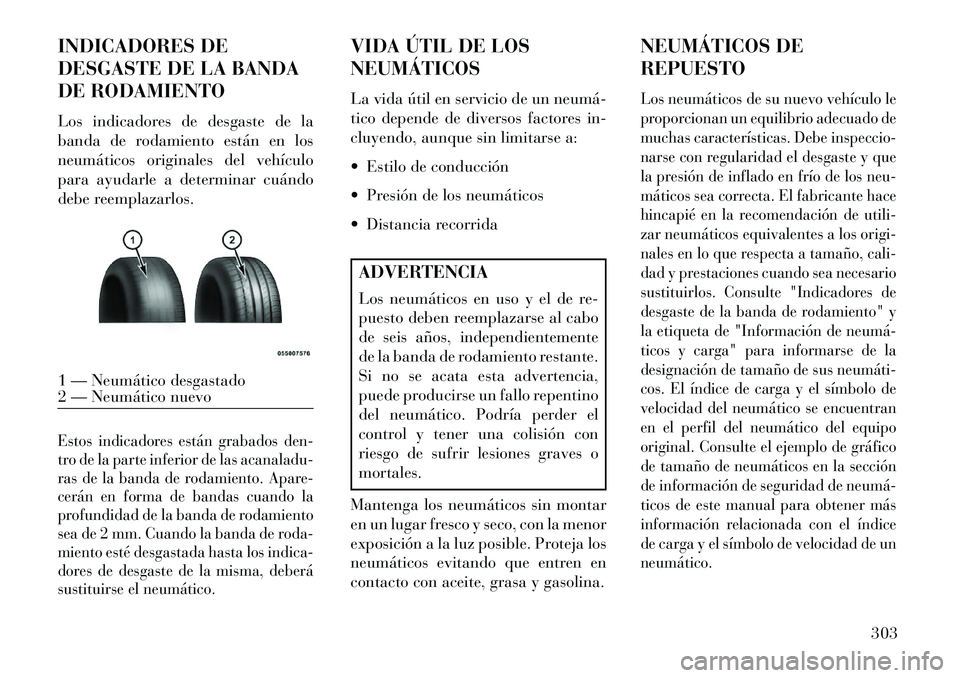 Lancia Voyager 2013 Manual de Empleo y Cuidado (in Spanish) INDICADORES DE
DESGASTE DE LA BANDA
DE RODAMIENTO
Los indicadores de desgaste de la
banda de rodamiento están en los
neumáticos originales del vehículo
para ayudarle a determinar cuándo
debe reemp Lancia Voyager 2013 Manual de Empleo y Cuidado (in Spanish) INDICADORES DE
DESGASTE DE LA BANDA
DE RODAMIENTO
Los indicadores de desgaste de la
banda de rodamiento están en los
neumáticos originales del vehículo
para ayudarle a determinar cuándo
debe reemp