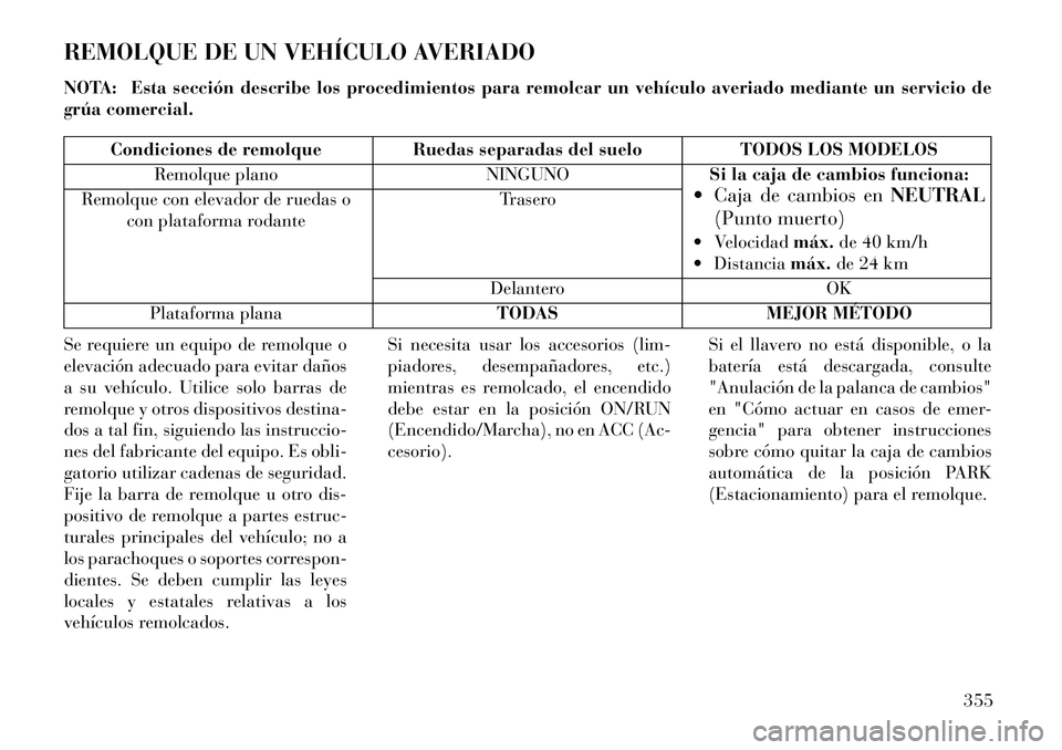 Lancia Voyager 2013  Manual de Empleo y Cuidado (in Spanish) REMOLQUE DE UN VEHÍCULO AVERIADO
NOTA: Esta sección describe los procedimientos para remolcar un vehículo averiado mediante un servicio de
grúa comercial.
Condiciones de remolqueRuedas separadas d