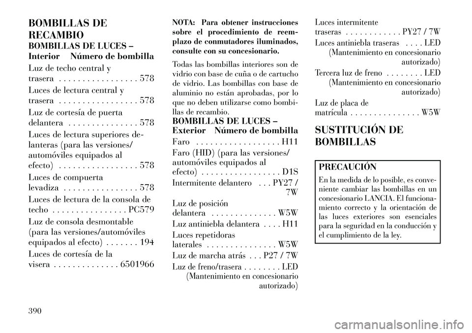 Lancia Voyager 2013 Manual de Empleo y Cuidado (in Spanish) BOMBILLAS DE
RECAMBIO
BOMBILLAS DE LUCES –
Interior Número de bombilla
Luz de techo central y
trasera . . . . . . . . . . . . . . . . . 578
Luces de lectura central y
trasera . . . . . . . . . . . Lancia Voyager 2013 Manual de Empleo y Cuidado (in Spanish) BOMBILLAS DE
RECAMBIO
BOMBILLAS DE LUCES –
Interior Número de bombilla
Luz de techo central y
trasera . . . . . . . . . . . . . . . . . 578
Luces de lectura central y
trasera . . . . . . . . . . .