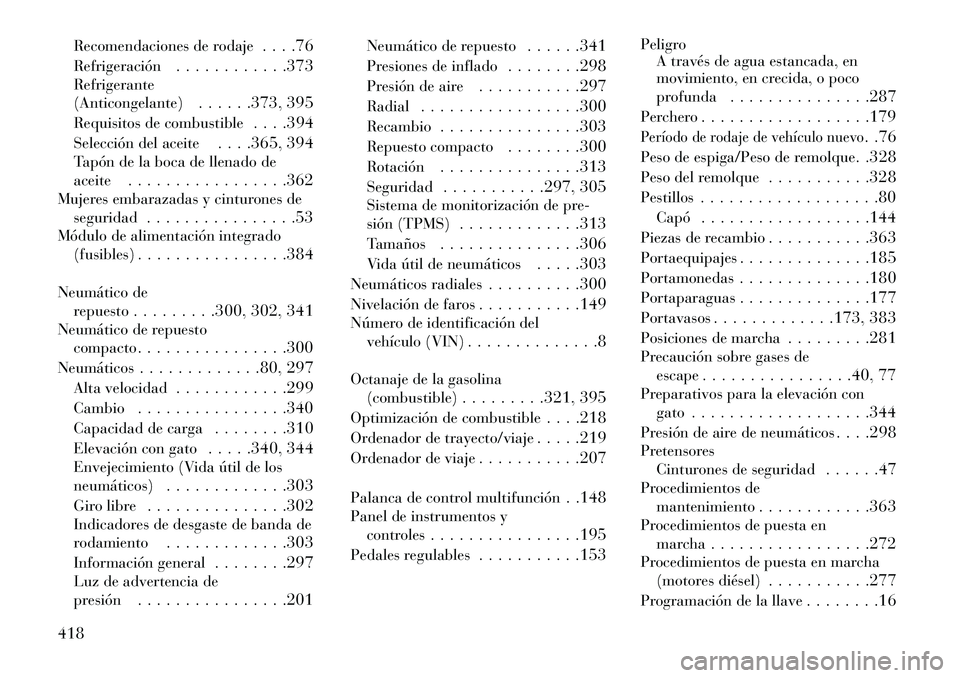 Lancia Voyager 2013 Manual de Empleo y Cuidado (in Spanish) Recomendaciones de rodaje. . . .76
Refrigeración . . . . . . . . . . . .373
Refrigerante
(Anticongelante) . . . . . .373, 395
Requisitos de combustible . . . .394
Selección del aceite . . . .365, 39 Lancia Voyager 2013 Manual de Empleo y Cuidado (in Spanish) Recomendaciones de rodaje. . . .76
Refrigeración . . . . . . . . . . . .373
Refrigerante
(Anticongelante) . . . . . .373, 395
Requisitos de combustible . . . .394
Selección del aceite . . . .365, 39