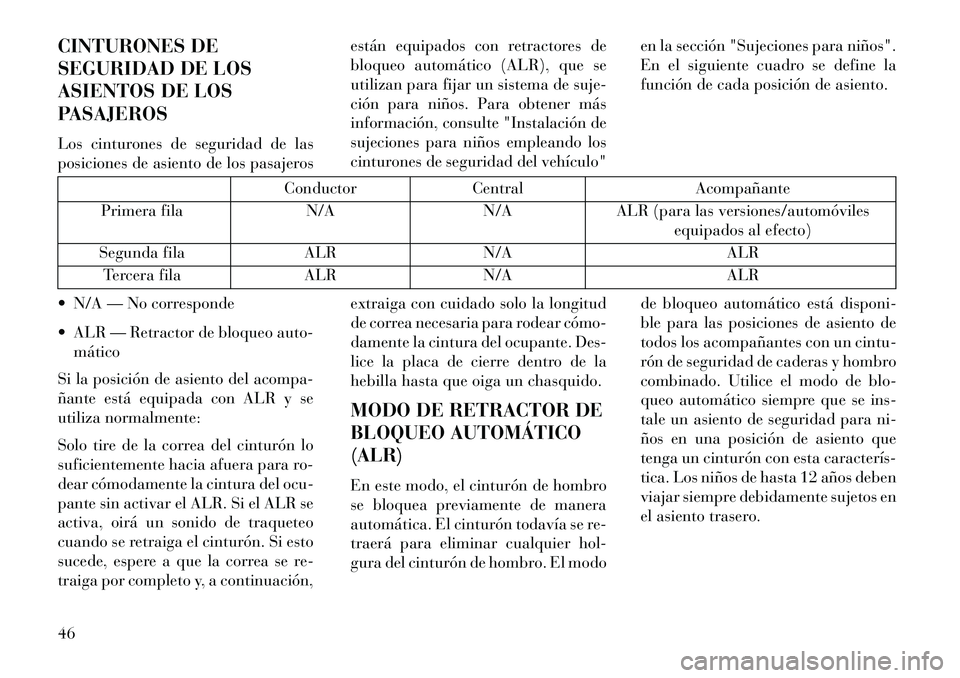 Lancia Voyager 2013  Manual de Empleo y Cuidado (in Spanish) CINTURONES DE
SEGURIDAD DE LOS
ASIENTOS DE LOS
PASAJEROS
Los cinturones de seguridad de las
posiciones de asiento de los pasajerosestán equipados con retractores de
bloqueo automático (ALR), que se

