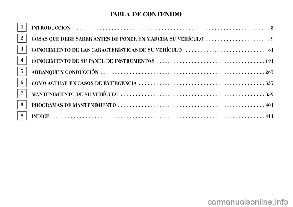 Lancia Voyager 2013 Manual de Empleo y Cuidado (in Spanish) TABLA DE CONTENIDO
1INTRODUCCIÓN . . . . . . . . . . . . . . . . . . . . . . . . . . . . . . . . . . . . . . . . . . . . . . . . . . . . . . . . . . . . . . . . . . . 32COSAS QUE DEBE SABER ANTES DE Lancia Voyager 2013 Manual de Empleo y Cuidado (in Spanish) TABLA DE CONTENIDO
1INTRODUCCIÓN . . . . . . . . . . . . . . . . . . . . . . . . . . . . . . . . . . . . . . . . . . . . . . . . . . . . . . . . . . . . . . . . . . . 32COSAS QUE DEBE SABER ANTES DE