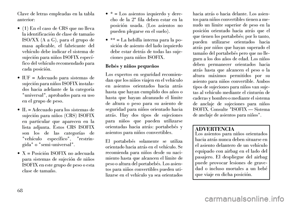 Lancia Voyager 2013  Manual de Empleo y Cuidado (in Spanish) Clave de letras empleadas en la tabla
anterior:
 (1) En el caso de CRS que no llevala identificación de clase de tamaño
ISO/XX (A a G), para el grupo de
masa aplicable, el fabricante del
vehículo 