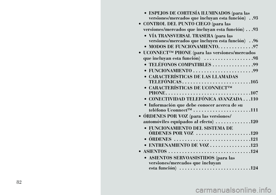 Lancia Voyager 2013 Manual de Empleo y Cuidado (in Spanish) ESPEJOS DE CORTESÍA ILUMINADOS (para las
versiones/mercados que incluyan esta función) . .93
CONTROL DEL PUNTO CIEGO (para lasversiones/mercados que incluyan esta función) . . .93
VÍA TRANSVE Lancia Voyager 2013 Manual de Empleo y Cuidado (in Spanish) ESPEJOS DE CORTESÍA ILUMINADOS (para las
versiones/mercados que incluyan esta función) . .93
CONTROL DEL PUNTO CIEGO (para lasversiones/mercados que incluyan esta función) . . .93
VÍA TRANSVE