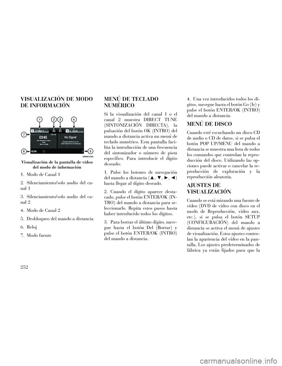 Lancia Voyager 2014  Manual de Empleo y Cuidado (in Spanish) VISUALIZACIÓN DE MODO
DE INFORMACIÓN
1. Modo de Canal 1
2. Silenciamiento/solo audio del ca-
nal 1
3. Silenciamiento/solo audio del ca-
nal 2
4. Modo de Canal 2
5. Desbloqueo del mando a distancia
6