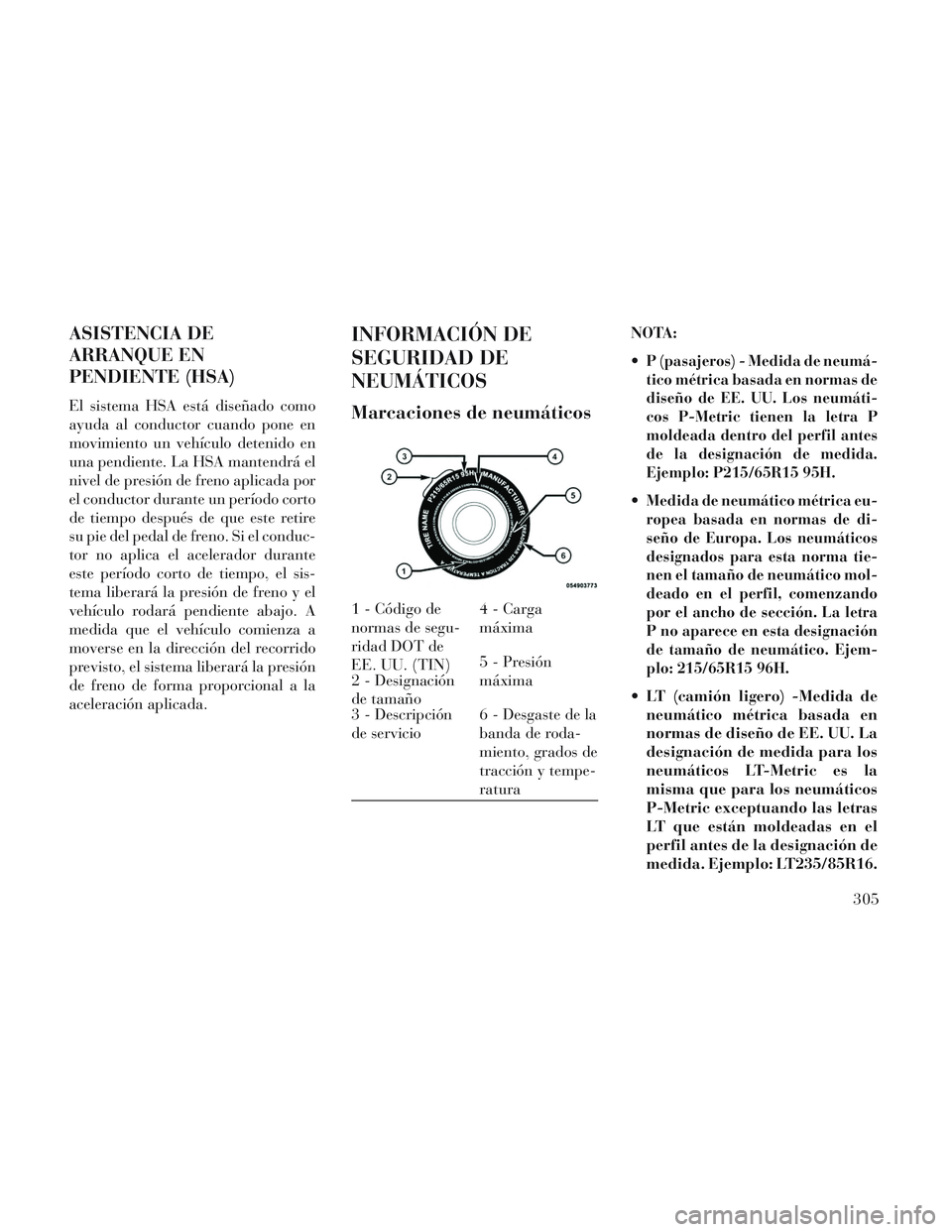 Lancia Voyager 2014 Manual de Empleo y Cuidado (in Spanish) ASISTENCIA DE
ARRANQUE EN
PENDIENTE (HSA)
El sistema HSA está diseñado como
ayuda al conductor cuando pone en
movimiento un vehículo detenido en
una pendiente. La HSA mantendrá el
nivel de presió Lancia Voyager 2014 Manual de Empleo y Cuidado (in Spanish) ASISTENCIA DE
ARRANQUE EN
PENDIENTE (HSA)
El sistema HSA está diseñado como
ayuda al conductor cuando pone en
movimiento un vehículo detenido en
una pendiente. La HSA mantendrá el
nivel de presió
