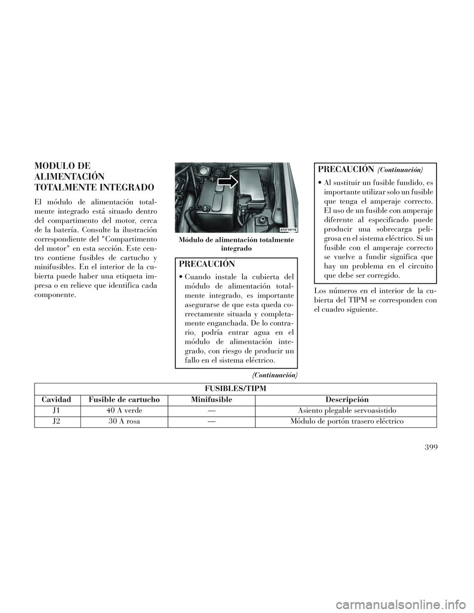 Lancia Voyager 2014  Manual de Empleo y Cuidado (in Spanish) MODULO DE
ALIMENTACIÓN
TOTALMENTE INTEGRADO
El módulo de alimentación total-
mente integrado está situado dentro
del compartimento del motor, cerca
de la batería. Consulte la ilustración
corresp