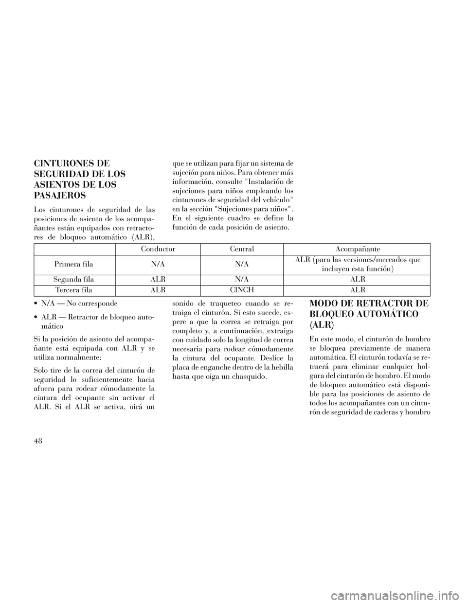 Lancia Voyager 2014  Manual de Empleo y Cuidado (in Spanish) CINTURONES DE
SEGURIDAD DE LOS
ASIENTOS DE LOS
PASAJEROS
Los cinturones de seguridad de las
posiciones de asiento de los acompa-
ñantes están equipados con retracto-
res de bloqueo automático (ALR)