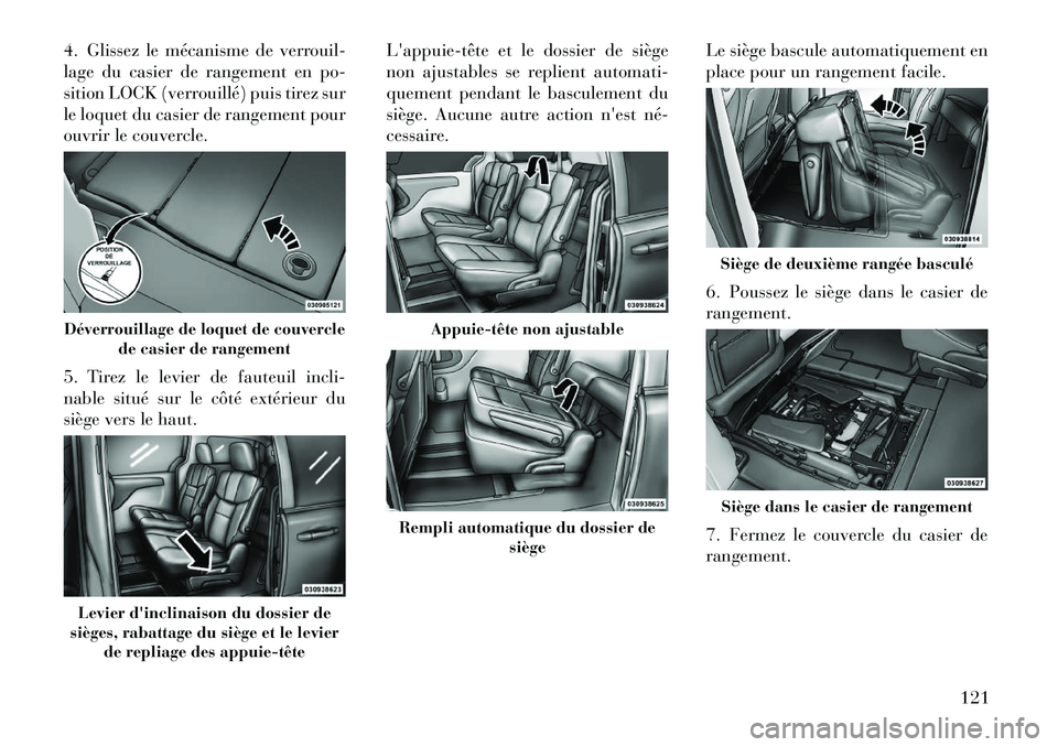Lancia Voyager 2011 Notice dentretien (in French) 4. Glissez le mécanisme de verrouil-
lage du casier de rangement en po-
sition LOCK (verrouillé) puis tirez sur
le loquet du casier de rangement pour
ouvrir le couvercle.
5. Tirez le levier de fau Lancia Voyager 2011 Notice dentretien (in French) 4. Glissez le mécanisme de verrouil-
lage du casier de rangement en po-
sition LOCK (verrouillé) puis tirez sur
le loquet du casier de rangement pour
ouvrir le couvercle.
5. Tirez le levier de fau