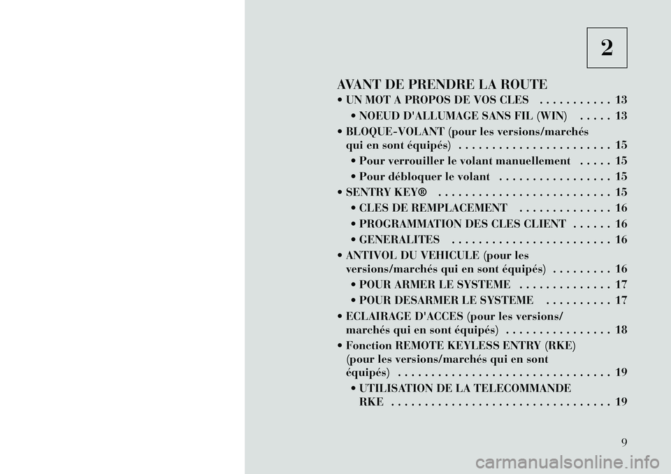 Lancia Voyager 2011  Notice dentretien (in French) 2
AVANT DE PRENDRE LA ROUTE 
 UN MOT A PROPOS DE VOS CLES . . . . . . . . . . . 13  NOEUD DALLUMAGE SANS FIL (WIN) . . . . . 13
 BLOQUE-VOLANT (pour les versions/marchés qui en sont équipés) . 