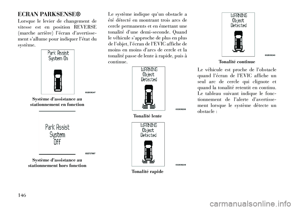 Lancia Voyager 2012  Notice dentretien (in French) ECRAN PARKSENSE® 
Lorsque le levier de changement de 
vitesse est en position REVERSE
(marche arrière) lécran davertisse-
ment sallume pour indiquer létat dusystème.Le système indique quun 