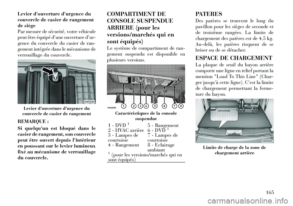 Lancia Voyager 2011 Notice dentretien (in French) Levier douverture durgence du
couvercle de casier de rangement
de siège
Par mesure de sécurité, votre véhicule
peut être équipé dune ouverture dur-
gence du couvercle du casier de ran-
gem Lancia Voyager 2011 Notice dentretien (in French) Levier douverture durgence du
couvercle de casier de rangement
de siège
Par mesure de sécurité, votre véhicule
peut être équipé dune ouverture dur-
gence du couvercle du casier de ran-
gem