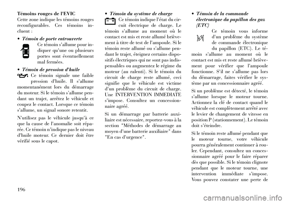 Lancia Voyager 2012  Notice dentretien (in French) Témoins rouges de lEVIC 
Cette zone indique les témoins rouges
reconfigurables. Ces témoins in-
cluent : 
 Témoin de porte entrouverteCe témoin sallume pour in- 
diquer quune ou plusieurs
por