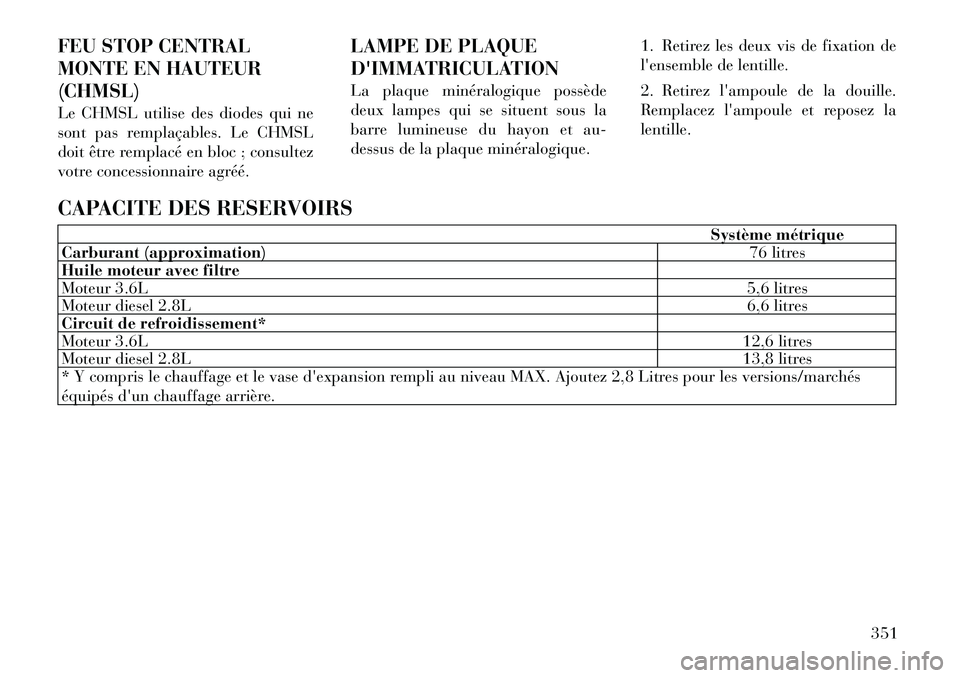 Lancia Voyager 2011  Notice dentretien (in French) FEU STOP CENTRAL 
MONTE EN HAUTEUR(CHMSL) 
Le CHMSL utilise des diodes qui ne 
sont pas remplaçables. Le CHMSL
doit être remplacé en bloc ; consultez
votre concessionnaire agréé.LAMPE DE PLAQUE 
