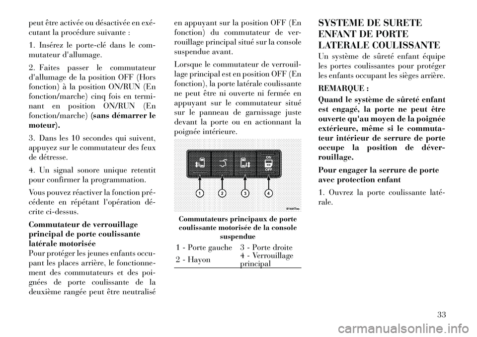 Lancia Voyager 2011 Notice dentretien (in French) peut être activée ou désactivée en exéÂ
cutant la procédure suivante :
1. Insérez le porteÂclé dans le com-
mutateur dallumage.
2. Faites passer le commutateur
dallumage de la positio Lancia Voyager 2011 Notice dentretien (in French) peut être activée ou désactivée en exéÂ
cutant la procédure suivante :
1. Insérez le porteÂclé dans le com-
mutateur dallumage.
2. Faites passer le commutateur
dallumage de la positio