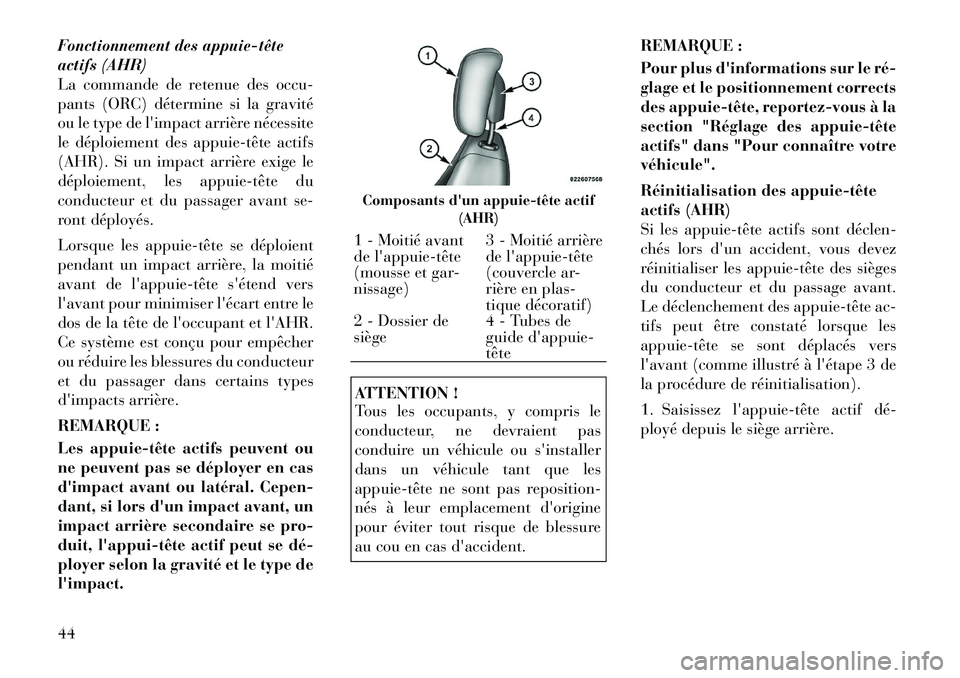 Lancia Voyager 2011  Notice dentretien (in French) Fonctionnement des appuie­tête 
actifs (AHR)
La commande de retenue des occu-
pants (ORC) détermine si la gravité
ou le type de limpact arrière nécessite
le déploiement des appuie­tête actif