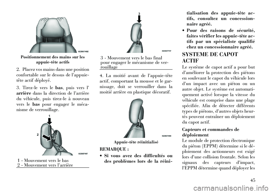 Lancia Voyager 2011 Notice dentretien (in French) 2. Placez vos mains dans une position
confortable sur le dessus de lappuie-
tête actif déployé.
3. Tirez-le vers lebas, puis vers l
arrière dans la direction de larrière
du véhicule, puis t Lancia Voyager 2011 Notice dentretien (in French) 2. Placez vos mains dans une position
confortable sur le dessus de lappuie-
tête actif déployé.
3. Tirez-le vers lebas, puis vers l
arrière dans la direction de larrière
du véhicule, puis t