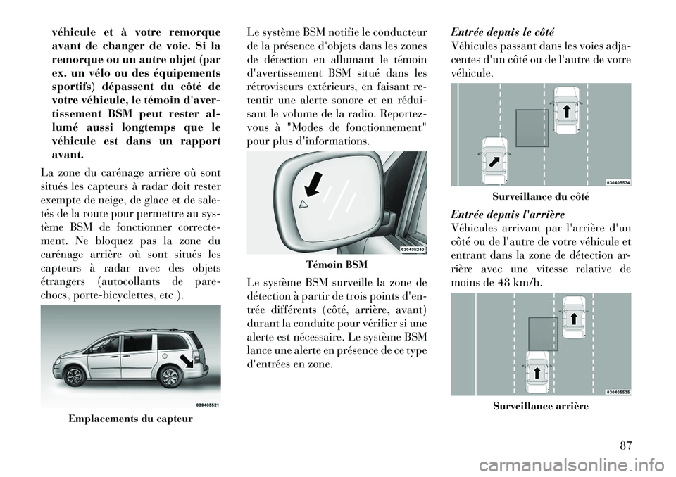Lancia Voyager 2012  Notice dentretien (in French) véhicule et à votre remorque 
avant de changer de voie. Si la
remorque ou un autre objet (par
ex. un vélo ou des équipements
sportifs) dépassent du côté de
votre véhicule, le témoin daver-
t