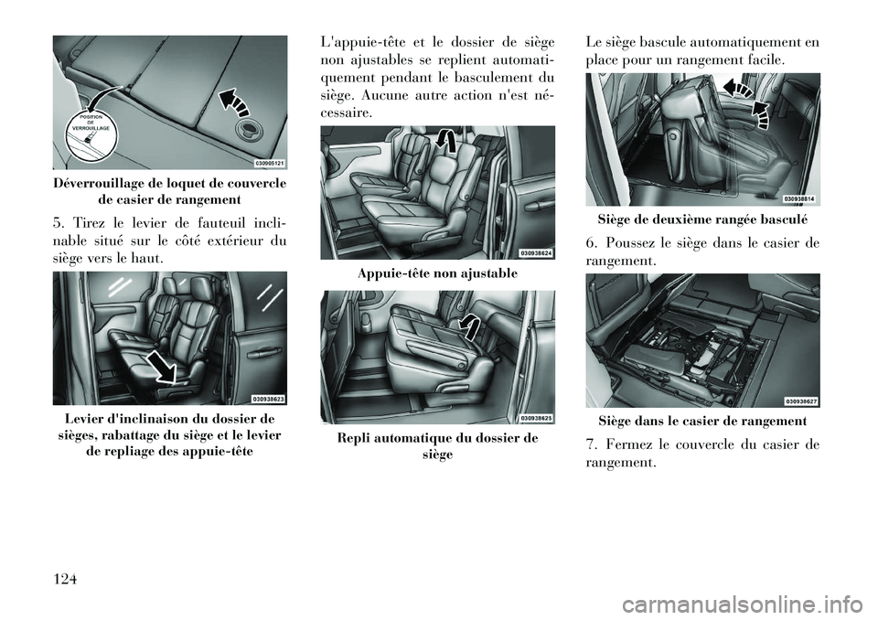 Lancia Voyager 2013 Notice dentretien (in French) 5. Tirez le levier de fauteuil incli-
nable situé sur le côté extérieur du
siège vers le haut.Lappuietête et le dossier de siège
non ajustables se replient automati-
quement pendant le bascu Lancia Voyager 2013 Notice dentretien (in French) 5. Tirez le levier de fauteuil incli-
nable situé sur le côté extérieur du
siège vers le haut.Lappuietête et le dossier de siège
non ajustables se replient automati-
quement pendant le bascu