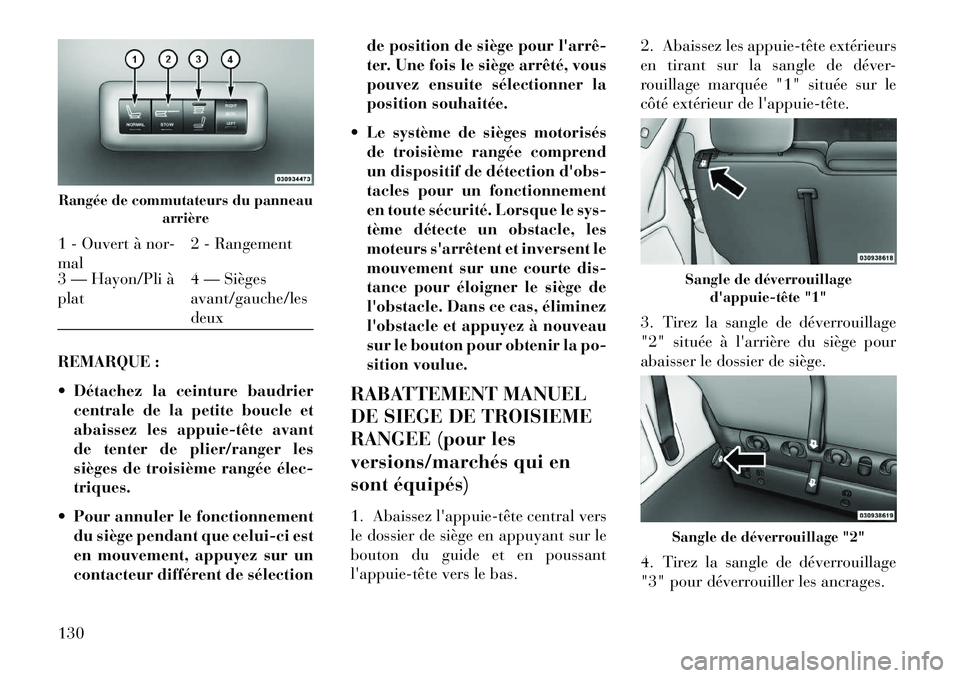 Lancia Voyager 2013 Notice dentretien (in French) REMARQUE :
Détachez la ceinture baudriercentrale de la petite boucle et
abaissez les appuietête avant
de tenter de plier/ranger les
sièges de troisième rangée élec
triques.
Pour annuler Lancia Voyager 2013 Notice dentretien (in French) REMARQUE :
Détachez la ceinture baudriercentrale de la petite boucle et
abaissez les appuietête avant
de tenter de plier/ranger les
sièges de troisième rangée élec
triques.
Pour annuler