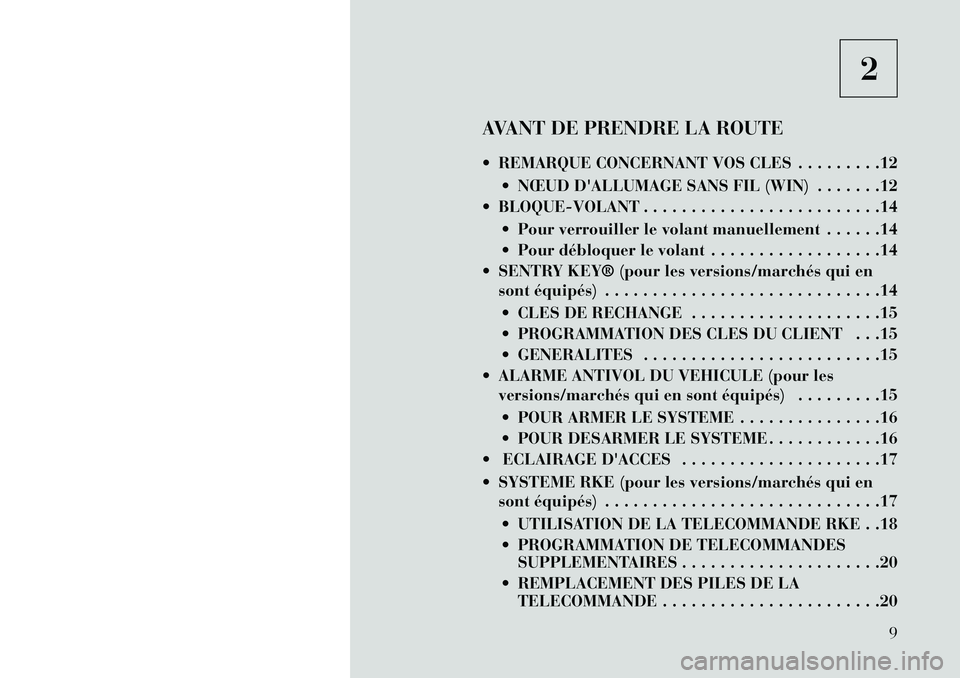 Lancia Voyager 2013  Notice dentretien (in French) 2
AVANT DE PRENDRE LA ROUTE
 REMARQUE CONCERNANT VOS CLES . . . . . . . . .12  NŒUD DALLUMAGE SANS FIL (WIN) . . . . . . .12
 BLOQUE-VOLANT . . . . . . . . . . . . . . . . . . . . . . . . .14
 P
