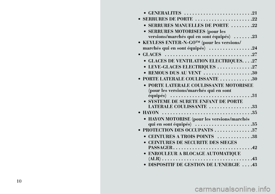 Lancia Voyager 2013 Notice dentretien (in French) GENERALITES . . . . . . . . . . . . . . . . . . . . . . . . .21
SERRURES DE PORTE . . . . . . . . . . . . . . . . . . . . .22
SERRURES MANUELLES DE PORTE . . . . . . . .22
SERRURES MOTORISEES Lancia Voyager 2013 Notice dentretien (in French) GENERALITES . . . . . . . . . . . . . . . . . . . . . . . . .21
SERRURES DE PORTE . . . . . . . . . . . . . . . . . . . . .22
SERRURES MANUELLES DE PORTE . . . . . . . .22
SERRURES MOTORISEES