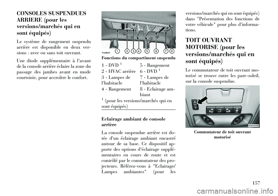 Lancia Voyager 2013 Notice dentretien (in French) CONSOLES SUSPENDUES
ARRIERE (pour les
versions/marchés qui en
sont équipés)
Le système de rangement suspendu
arrière est disponible en deux ver-
sions : avec ou sans toit ouvrant.
Une diode suppl Lancia Voyager 2013 Notice dentretien (in French) CONSOLES SUSPENDUES
ARRIERE (pour les
versions/marchés qui en
sont équipés)
Le système de rangement suspendu
arrière est disponible en deux ver-
sions : avec ou sans toit ouvrant.
Une diode suppl