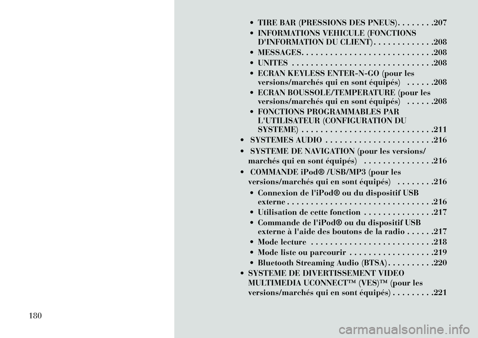Lancia Voyager 2013 Notice dentretien (in French) TIRE BAR (PRESSIONS DES PNEUS). . . . . . . .207
INFORMATIONS VEHICULE (FONCTIONSDINFORMATION DU CLIENT) . . . . . . . . . . . . .208
MESSAGES. . . . . . . . . . . . . . . . . . . . . . . . . . Lancia Voyager 2013 Notice dentretien (in French) TIRE BAR (PRESSIONS DES PNEUS). . . . . . . .207
INFORMATIONS VEHICULE (FONCTIONSDINFORMATION DU CLIENT) . . . . . . . . . . . . .208
MESSAGES. . . . . . . . . . . . . . . . . . . . . . . . . .