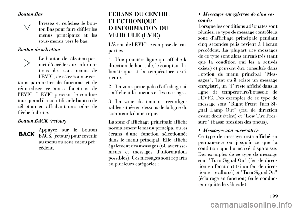 Lancia Voyager 2013 Notice dentretien (in French) Bouton BasPressez et relâchez le bou-
ton Bas pour faire défiler les
menus principaux et les
sous-menus vers le bas.
Bouton de sélection
Le bouton de sélection per-
metdaccéder aux informa-
tion Lancia Voyager 2013 Notice dentretien (in French) Bouton BasPressez et relâchez le bou-
ton Bas pour faire défiler les
menus principaux et les
sous-menus vers le bas.
Bouton de sélection
Le bouton de sélection per-
metdaccéder aux informa-
tion