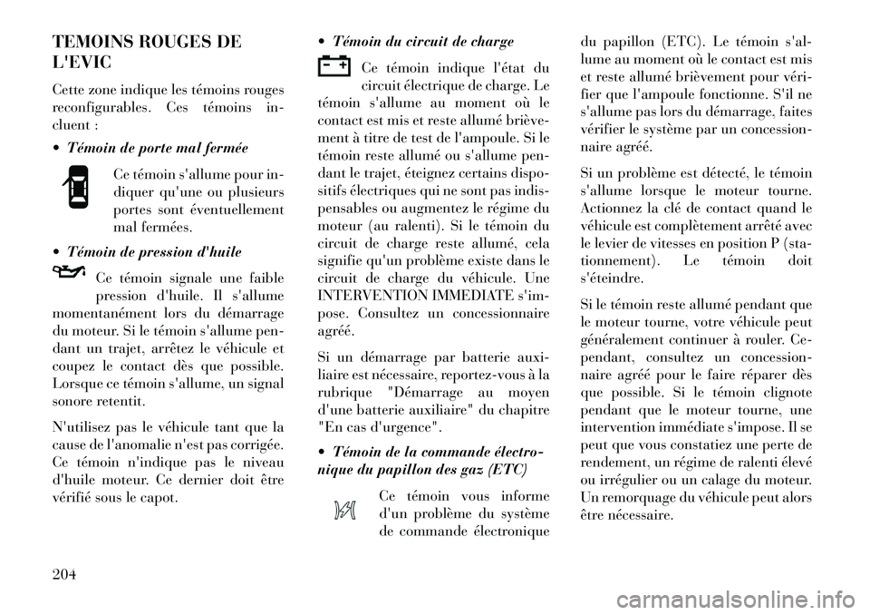 Lancia Voyager 2013 Notice dentretien (in French) TEMOINS ROUGES DE
LEVIC
Cette zone indique les témoins rouges
reconfigurables. Ces témoins in-
cluent :
Témoin de porte mal ferméeCe témoin sallume pour in-
diquer quune ou plusieurs
portes Lancia Voyager 2013 Notice dentretien (in French) TEMOINS ROUGES DE
LEVIC
Cette zone indique les témoins rouges
reconfigurables. Ces témoins in-
cluent :
Témoin de porte mal ferméeCe témoin sallume pour in-
diquer quune ou plusieurs
portes