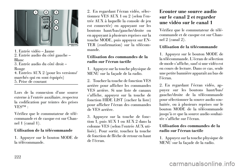 Lancia Voyager 2013 Notice dentretien (in French) Lors de la connexion dune source
externe à lentrée auxiliaire, respectez
la codification par teintes des prises
VESâ„¢ :
Vérifiez que le commutateur de téléÂ
commande et de casque est sur Chan- Lancia Voyager 2013 Notice dentretien (in French) Lors de la connexion dune source
externe à lentrée auxiliaire, respectez
la codification par teintes des prises
VESâ„¢ :
Vérifiez que le commutateur de téléÂ
commande et de casque est sur Chan-
