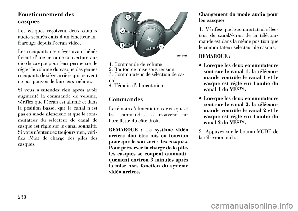 Lancia Voyager 2013 Notice dentretien (in French) Fonctionnement des
casques
Les casques reçoivent deux canaux
audio séparés émis dun émetteur in-
frarouge depuislécran vidéo.
Les occupants des sièges avant béné
ficient dune certaine c Lancia Voyager 2013 Notice dentretien (in French) Fonctionnement des
casques
Les casques reçoivent deux canaux
audio séparés émis dun émetteur in-
frarouge depuislécran vidéo.
Les occupants des sièges avant béné
ficient dune certaine c