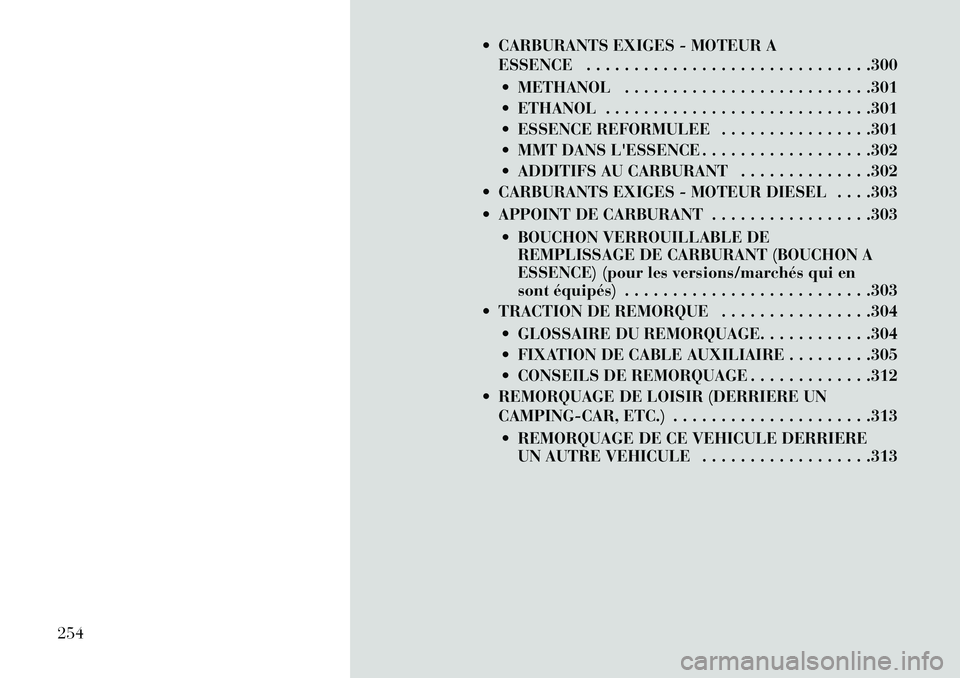 Lancia Voyager 2013 Notice dentretien (in French) CARBURANTS EXIGES - MOTEUR AESSENCE . . . . . . . . . . . . . . . . . . . . . . . . . . . . . .300
METHANOL . . . . . . . . . . . . . . . . . . . . . . . . . .301
ETHANOL . . . . . . . . . . . . Lancia Voyager 2013 Notice dentretien (in French) CARBURANTS EXIGES - MOTEUR AESSENCE . . . . . . . . . . . . . . . . . . . . . . . . . . . . . .300
METHANOL . . . . . . . . . . . . . . . . . . . . . . . . . .301
ETHANOL . . . . . . . . . . . .