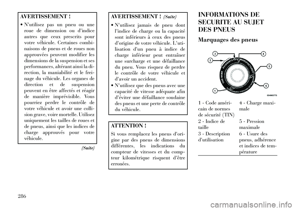 Lancia Voyager 2013 Notice dentretien (in French) AVERTISSEMENT !
Nutilisez pas un pneu ou uneroue de dimension ou dindice
autres que ceux prescrits pour
votre véhicule. Certaines combi-
naisons de pneus et de roues non
approuvées peuvent modif Lancia Voyager 2013 Notice dentretien (in French) AVERTISSEMENT !
Nutilisez pas un pneu ou uneroue de dimension ou dindice
autres que ceux prescrits pour
votre véhicule. Certaines combi-
naisons de pneus et de roues non
approuvées peuvent modif