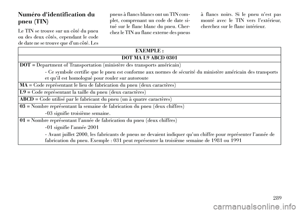 Lancia Voyager 2013 Notice dentretien (in French) Numéro didentification du
pneu (TIN)
Le TIN se trouve sur un côté du pneu
ou des deux côtés, cependant le code
de date ne se trouve que dun côté. Lespneus à flancs blancs ont un TIN com-
ple Lancia Voyager 2013 Notice dentretien (in French) Numéro didentification du
pneu (TIN)
Le TIN se trouve sur un côté du pneu
ou des deux côtés, cependant le code
de date ne se trouve que dun côté. Lespneus à flancs blancs ont un TIN com-
ple