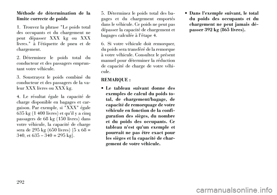 Lancia Voyager 2013 Notice dentretien (in French) Méthode de détermination de la
limite correcte de poids
1. Trouvez la phrase "Le poids total
des occupants et du chargement ne
peut dépasser XXX kg ou XXX
livres." àlétiquette de pneu et de
char Lancia Voyager 2013 Notice dentretien (in French) Méthode de détermination de la
limite correcte de poids
1. Trouvez la phrase "Le poids total
des occupants et du chargement ne
peut dépasser XXX kg ou XXX
livres." àlétiquette de pneu et de
char