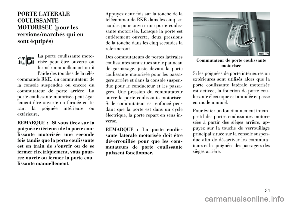 Lancia Voyager 2013 Notice dentretien (in French) PORTE LATERALE
COULISSANTE
MOTORISEE (pour les
versions/marchés qui en
sont équipés)La porte coulissante moto-
risée peut être ouverte ou
fermée manuellement ou Ã
laide des touches de la télà Lancia Voyager 2013 Notice dentretien (in French) PORTE LATERALE
COULISSANTE
MOTORISEE (pour les
versions/marchés qui en
sont équipés)La porte coulissante moto-
risée peut être ouverte ou
fermée manuellement ou Ã
laide des touches de la télÃ