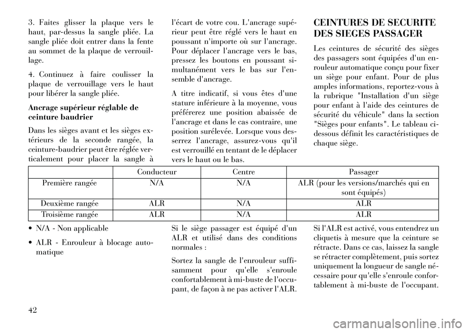 Lancia Voyager 2013  Notice dentretien (in French) 3. Faites glisser la plaque vers le
haut, par-dessus la sangle pliée. La
sangle pliée doit entrer dans la fente
au sommet de la plaque de verrouil-
lage.
4. Continuez à faire coulisser la
plaque de