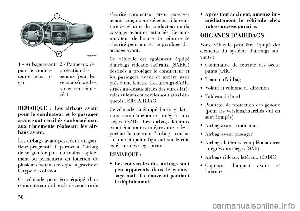 Lancia Voyager 2013 Notice dentretien (in French) REMARQUE : Les airbags avant
pour le conducteur et le passager
avant sont certifiés conformément
aux règlements régissant les air-
bags avant.
Les airbags avant possèdent un gon-
fleur progressif Lancia Voyager 2013 Notice dentretien (in French) REMARQUE : Les airbags avant
pour le conducteur et le passager
avant sont certifiés conformément
aux règlements régissant les air-
bags avant.
Les airbags avant possèdent un gon-
fleur progressif
