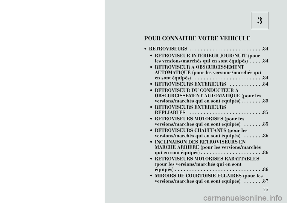 Lancia Voyager 2013  Notice dentretien (in French) 3
POUR CONNAITRE VOTRE VEHICULE
 RETROVISEURS . . . . . . . . . . . . . . . . . . . . . . . . . .84  RETROVISEUR INTERIEUR JOUR/NUIT (pourles versions/marchés qui en sont équipés) . . . . .84
 R