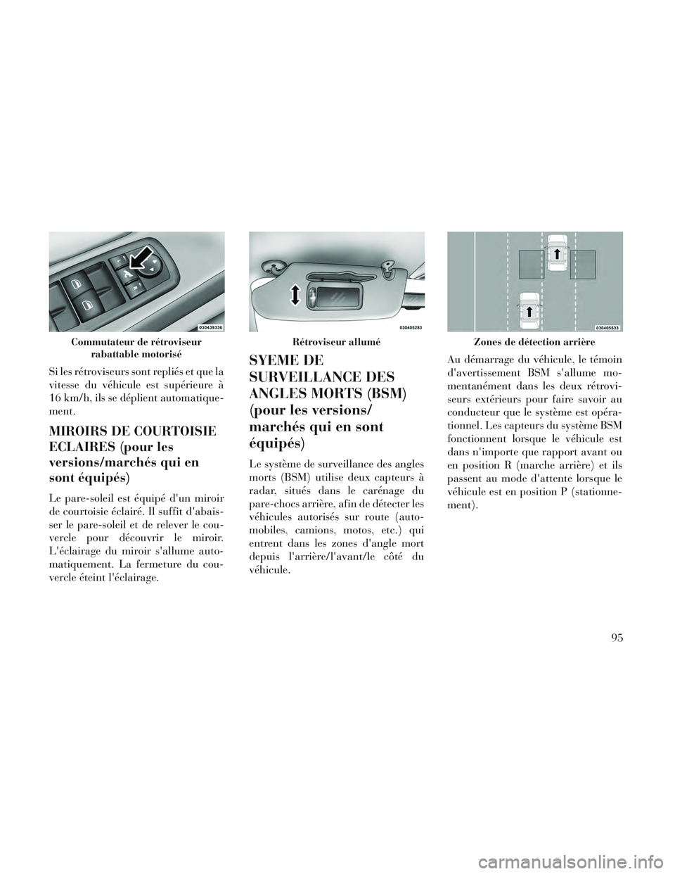 Lancia Voyager 2014 Notice dentretien (in French) Si les rétroviseurs sont repliés et que la
vitesse du véhicule est supérieure à
16 km/h, ils se déplient automatique-
ment.
MIROIRS DE COURTOISIE
ECLAIRES (pour les
versions/marchés qui en
sont Lancia Voyager 2014 Notice dentretien (in French) Si les rétroviseurs sont repliés et que la
vitesse du véhicule est supérieure à
16 km/h, ils se déplient automatique-
ment.
MIROIRS DE COURTOISIE
ECLAIRES (pour les
versions/marchés qui en
sont