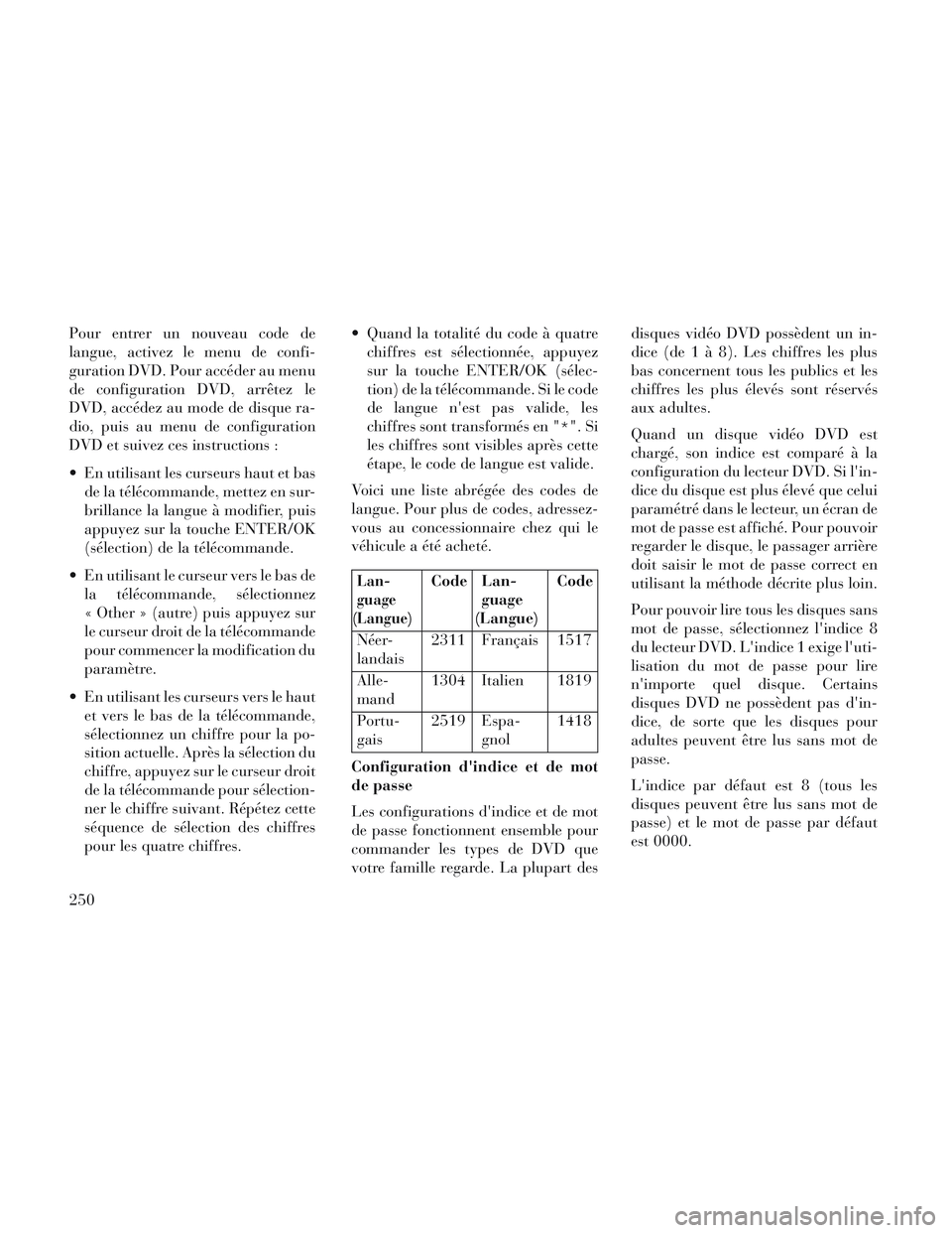 Lancia Voyager 2014 Notice dentretien (in French) Pour entrer un nouveau code de
langue, activez le menu de confi-
guration DVD. Pour accéder au menu
de configuration DVD, arrêtez le
DVD, accédez au mode de disque ra-
dio, puis au menu de configur Lancia Voyager 2014 Notice dentretien (in French) Pour entrer un nouveau code de
langue, activez le menu de confi-
guration DVD. Pour accéder au menu
de configuration DVD, arrêtez le
DVD, accédez au mode de disque ra-
dio, puis au menu de configur