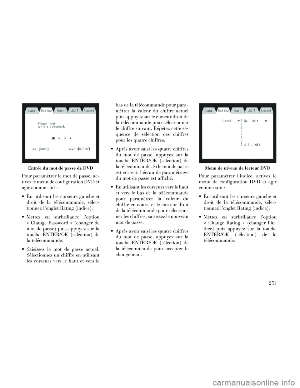 Lancia Voyager 2014 Notice dentretien (in French) Pour paramétrer le mot de passe, ac-
tivez le menu de configuration DVD et
agir comme suit :
En utilisant les curseurs gauche etdroit de la télécommande, sélec-
tionnez longlet Rating (indice).
Lancia Voyager 2014 Notice dentretien (in French) Pour paramétrer le mot de passe, ac-
tivez le menu de configuration DVD et
agir comme suit :
En utilisant les curseurs gauche etdroit de la télécommande, sélec-
tionnez longlet Rating (indice).