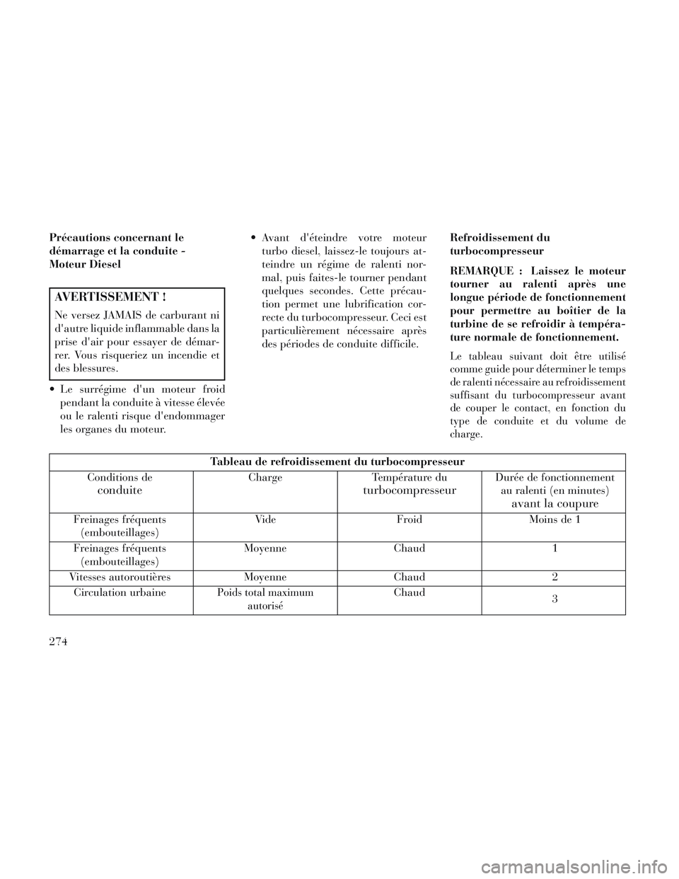 Lancia Voyager 2014  Notice dentretien (in French) Précautions concernant le
démarrage et la conduite -
Moteur Diesel
AVERTISSEMENT !
Ne versez JAMAIS de carburant ni
dautre liquide inflammable dans la
prise dair pour essayer de démar-
rer. Vous 