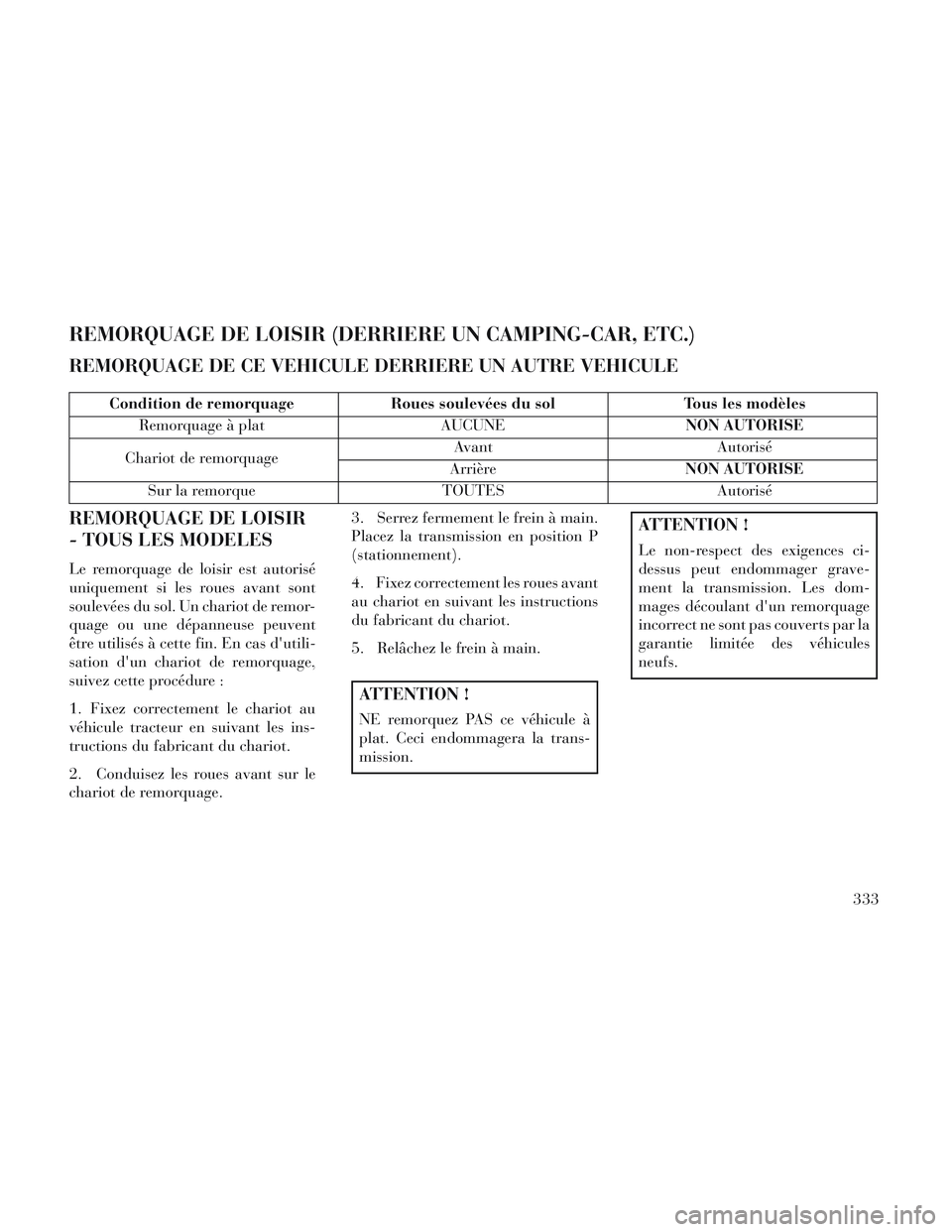 Lancia Voyager 2014  Notice dentretien (in French) REMORQUAGE DE LOISIR (DERRIERE UN CAMPING-CAR, ETC.)
REMORQUAGE DE CE VEHICULE DERRIERE UN AUTRE VEHICULE
Condition de remorquageRoues soulevées du sol Tous les modèles
Remorquage à plat AUCUNENON 