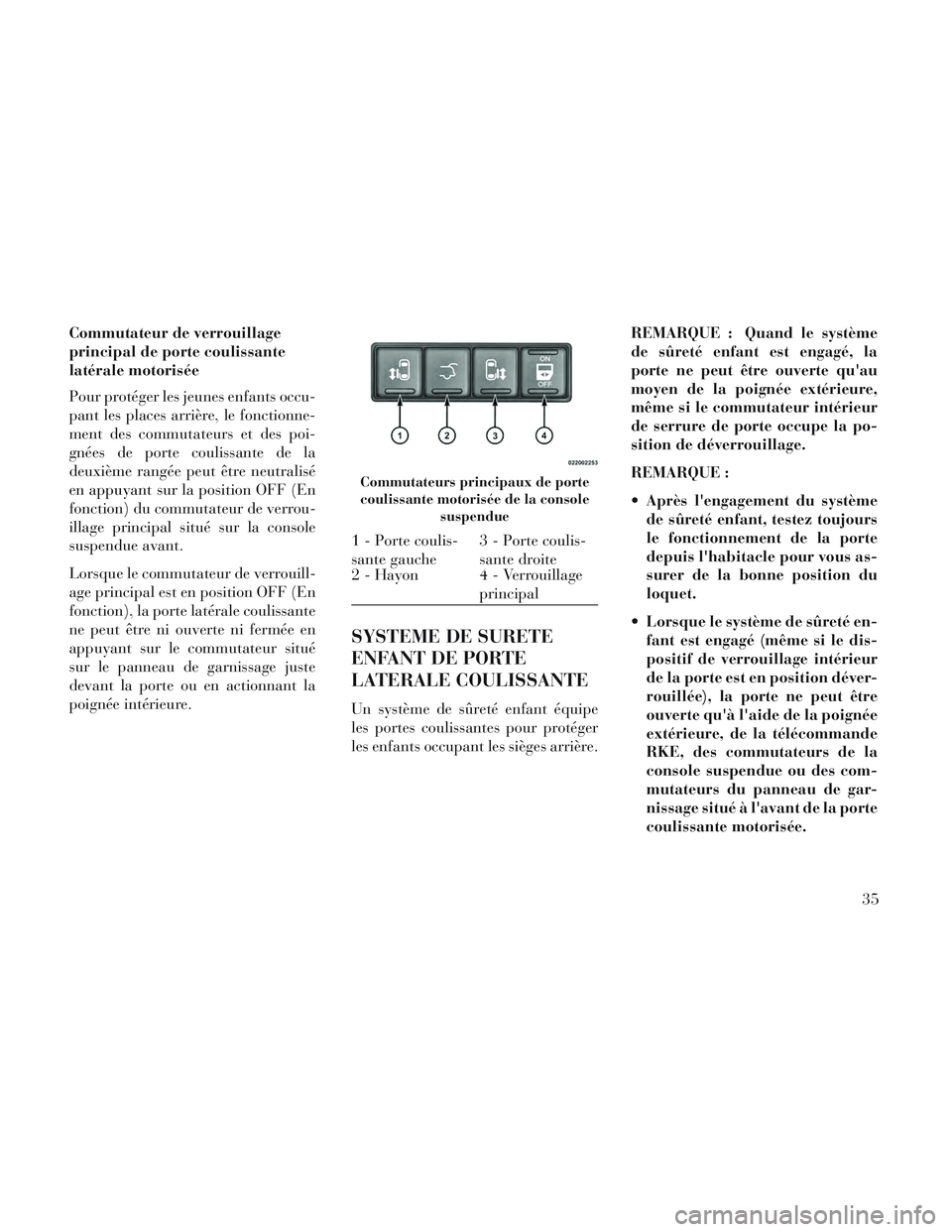 Lancia Voyager 2014 Notice dentretien (in French) Commutateur de verrouillage
principal de porte coulissante
latérale motorisée
Pour protéger les jeunes enfants occu-
pant les places arrière, le fonctionne-
ment des commutateurs et des poi-
gnée Lancia Voyager 2014 Notice dentretien (in French) Commutateur de verrouillage
principal de porte coulissante
latérale motorisée
Pour protéger les jeunes enfants occu-
pant les places arrière, le fonctionne-
ment des commutateurs et des poi-
gnée