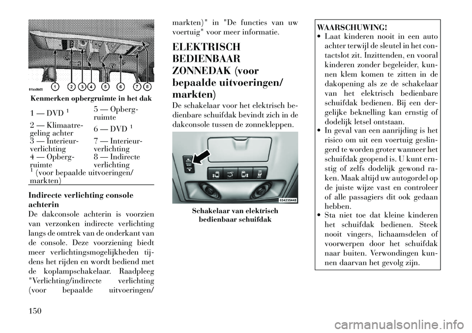 Lancia Voyager 2012  Instructieboek (in Dutch) Indirecte verlichting console achterin
De dakconsole achterin is voorzien
van verzonken indirecte verlichting
langs de omtrek van de onderkant van
de console. Deze voorziening biedt
meer verlichtingsm