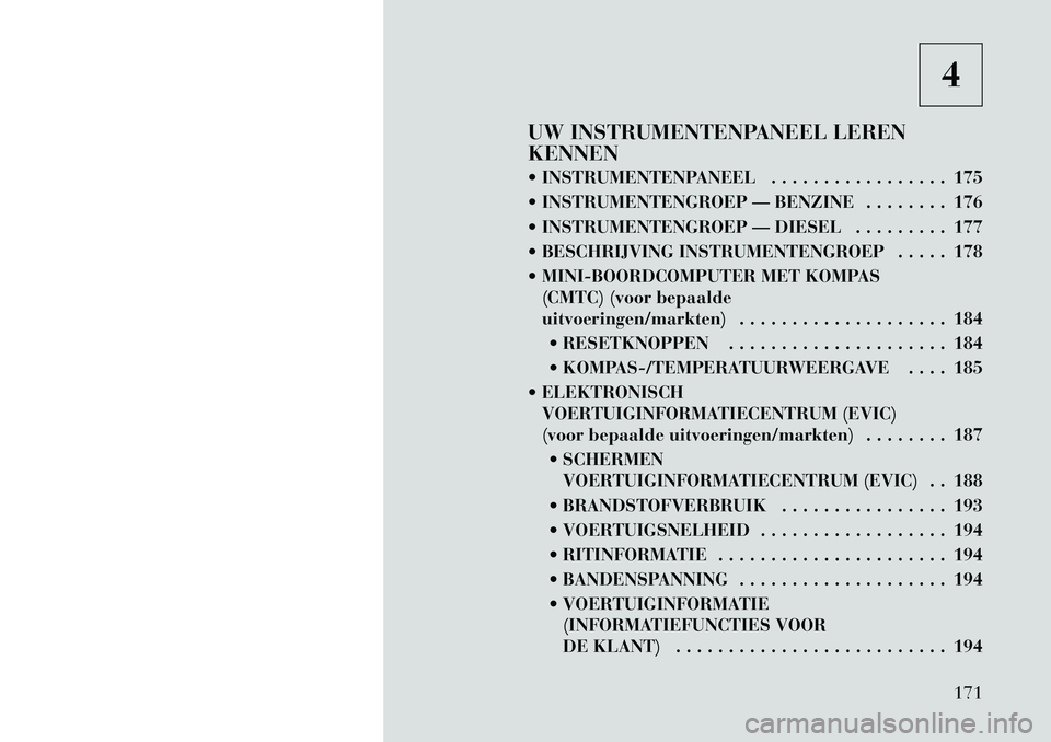 Lancia Voyager 2012  Instructieboek (in Dutch) 4
UW INSTRUMENTENPANEEL LEREN KENNEN 
 INSTRUMENTENPANEEL . . . . . . . . . . . . . . . . . 175 
 INSTRUMENTENGROEP — BENZINE . . . . . . . . 176
 INSTRUMENTENGROEP — DIESEL . . . . . . . . . 1