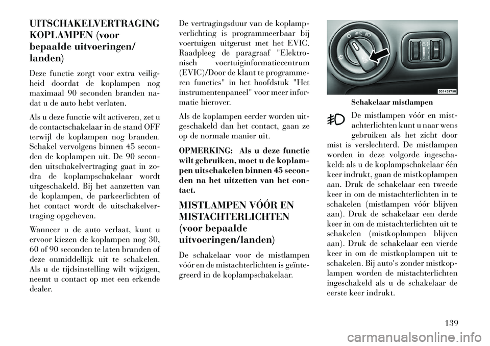 Lancia Voyager 2013 Instructieboek (in Dutch) UITSCHAKELVERTRAGING
KOPLAMPEN (voor
bepaalde uitvoeringen/
landen)
Deze functie zorgt voor extra veilig-
heid doordat de koplampen nog
maximaal 90 seconden branden na-
dat u de auto hebt verlaten.
Al Lancia Voyager 2013 Instructieboek (in Dutch) UITSCHAKELVERTRAGING
KOPLAMPEN (voor
bepaalde uitvoeringen/
landen)
Deze functie zorgt voor extra veilig-
heid doordat de koplampen nog
maximaal 90 seconden branden na-
dat u de auto hebt verlaten.
Al