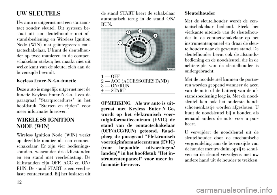 Lancia Voyager 2013  Instructieboek (in Dutch) UW SLEUTELS
Uw auto is uitgerust met een startcon-
tact zonder sleutel. Dit systeem be-
staat uit een sleutelhouder met af-
standsbediening en Wireless Ignition
Node (WIN) met geïntegreerde con-
tact